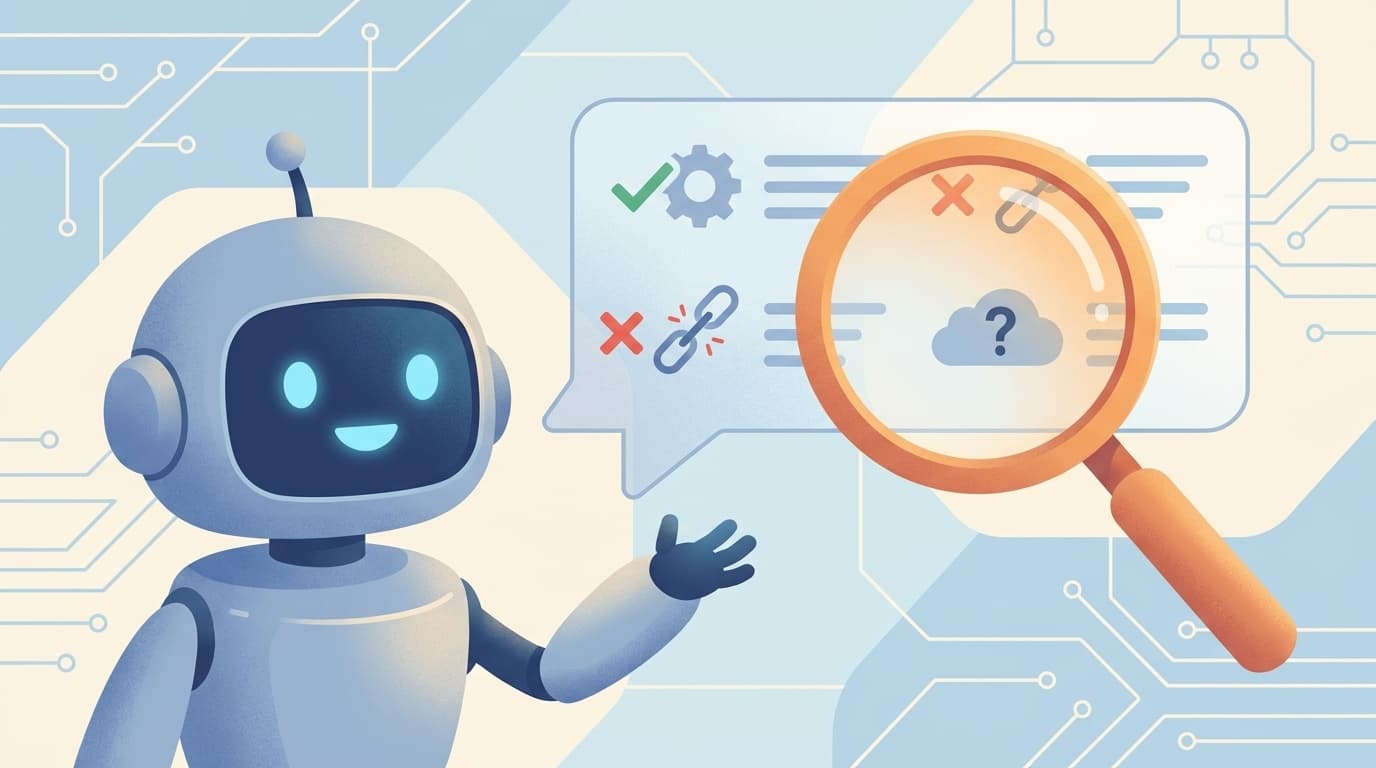 AIチャットボットの回答を虫眼鏡でチェックするイラスト — ハルシネーション(もっともらしいウソ)を見抜くイメージ