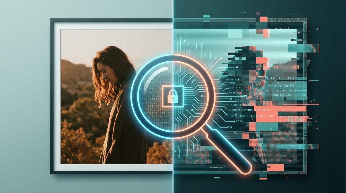 AI生成のフェイク画像と本物の画像を見分けるイメージ図。虫眼鏡で電子透かしパターンを確認している様子