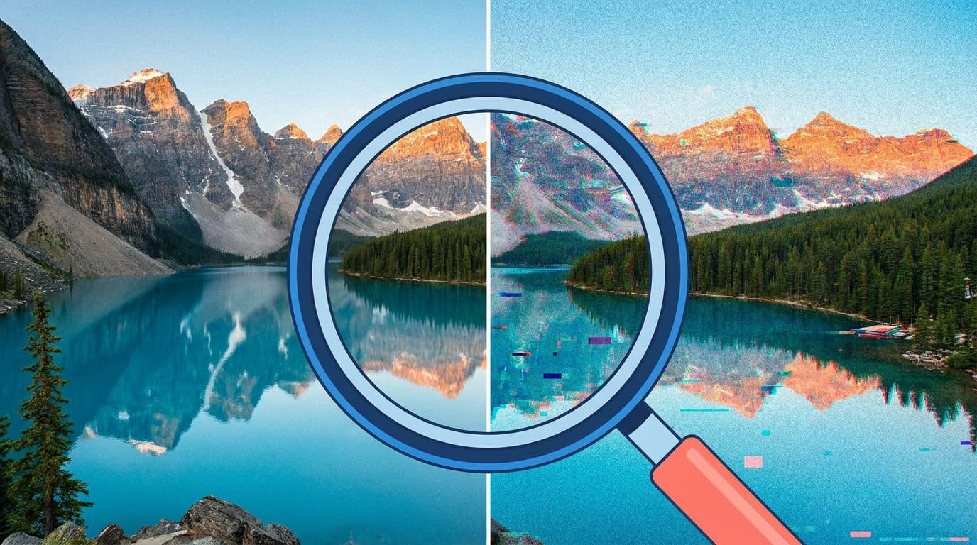 AI生成画像と本物の写真を見分けるイメージ——虫眼鏡でリアルとフェイクの境界を検証する概念イラスト