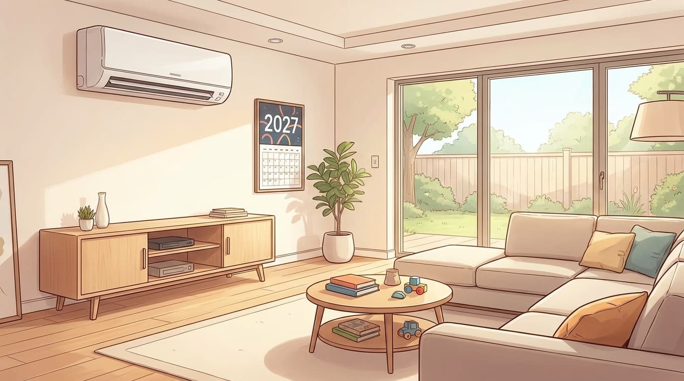 リビングに設置されたエアコンと2027年のカレンダーのイラスト
