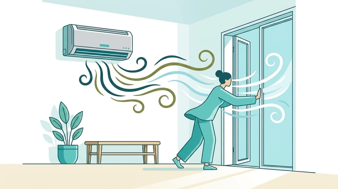 エアコンから臭いが出ている部屋で窓を開けて換気している様子のイラスト