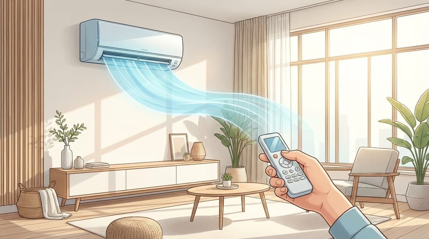 エアコンのリモコンを操作して試運転を行う様子のイメージ