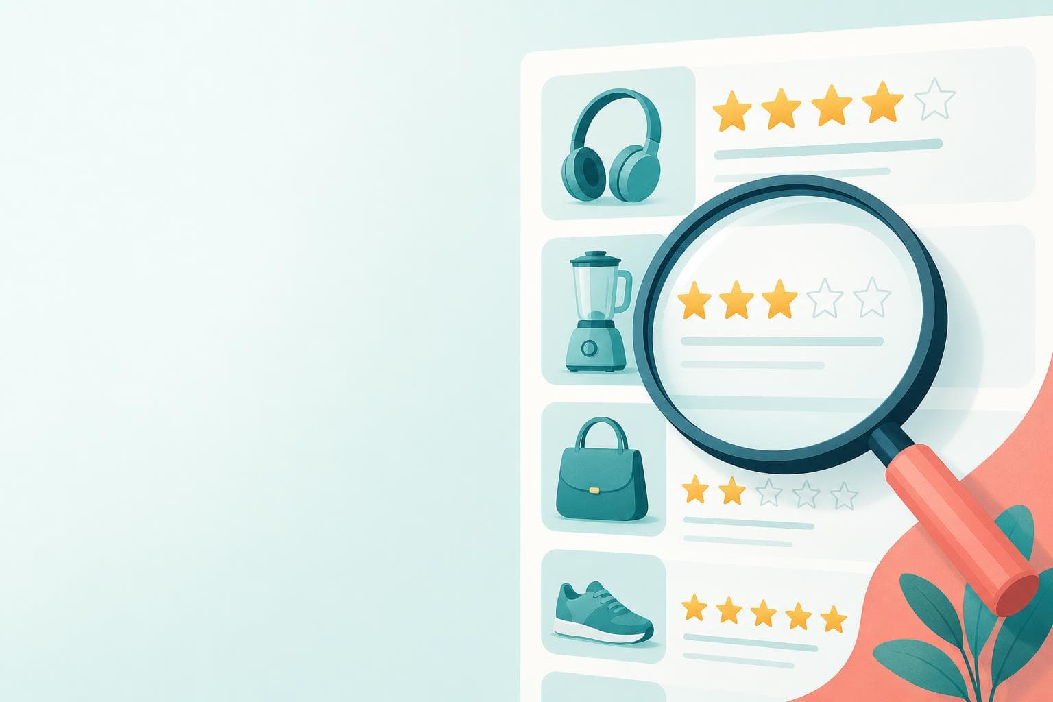Amazonのレビュー星評価を虫眼鏡で確認しているイメージイラスト