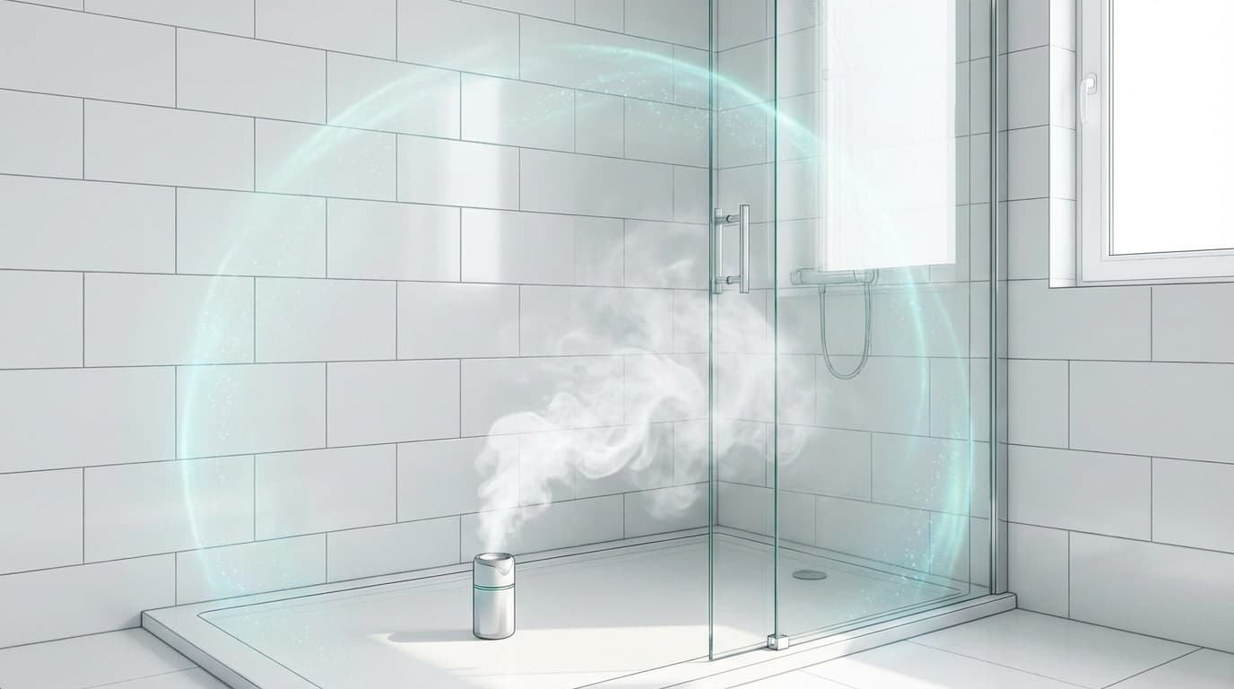 お風呂で防カビくん煙剤が煙を出して浴室をコーティングしているイメージイラスト