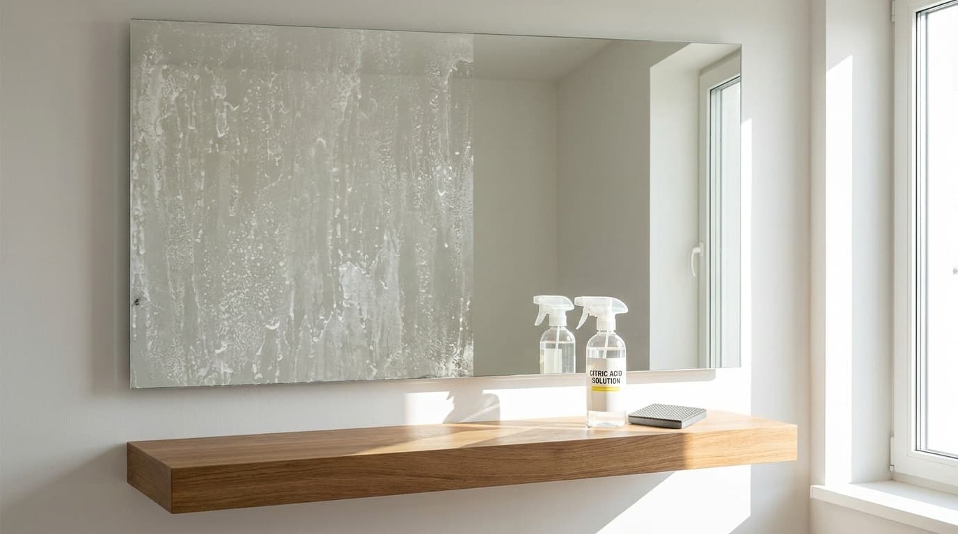 浴室の鏡についたウロコ状の水垢汚れとクエン酸・ダイヤモンドパッドによる掃除のイメージ
