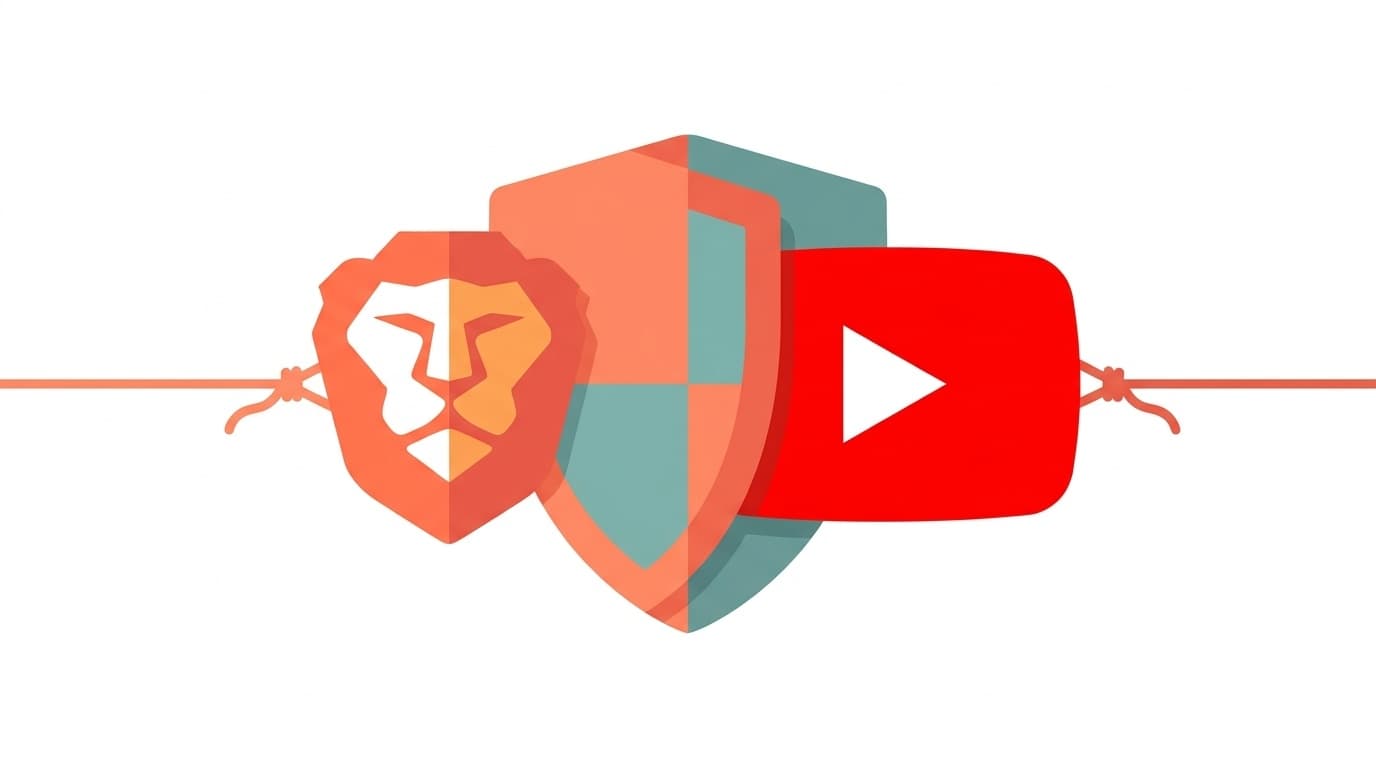 BraveブラウザのShieldsアイコンとYouTubeの再生ボタンが対峙するイメージイラスト