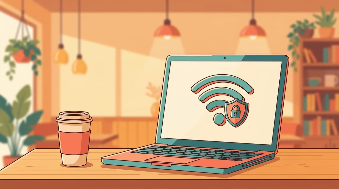カフェのテーブルに置かれたノートPCとコーヒーカップ、Wi-Fiアイコンにシールドが重なったイラスト