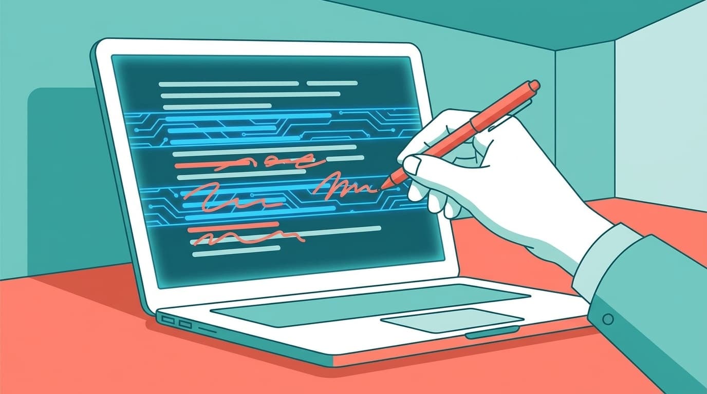 ノートPCの画面に映る文書を赤ペンで校正する手のイラスト——AI生成文章を人間が仕上げるイメージ