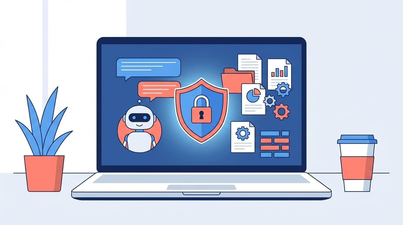 仕事のデータをAIチャットに入力する際の情報漏洩リスクと安全設定のイメージ図