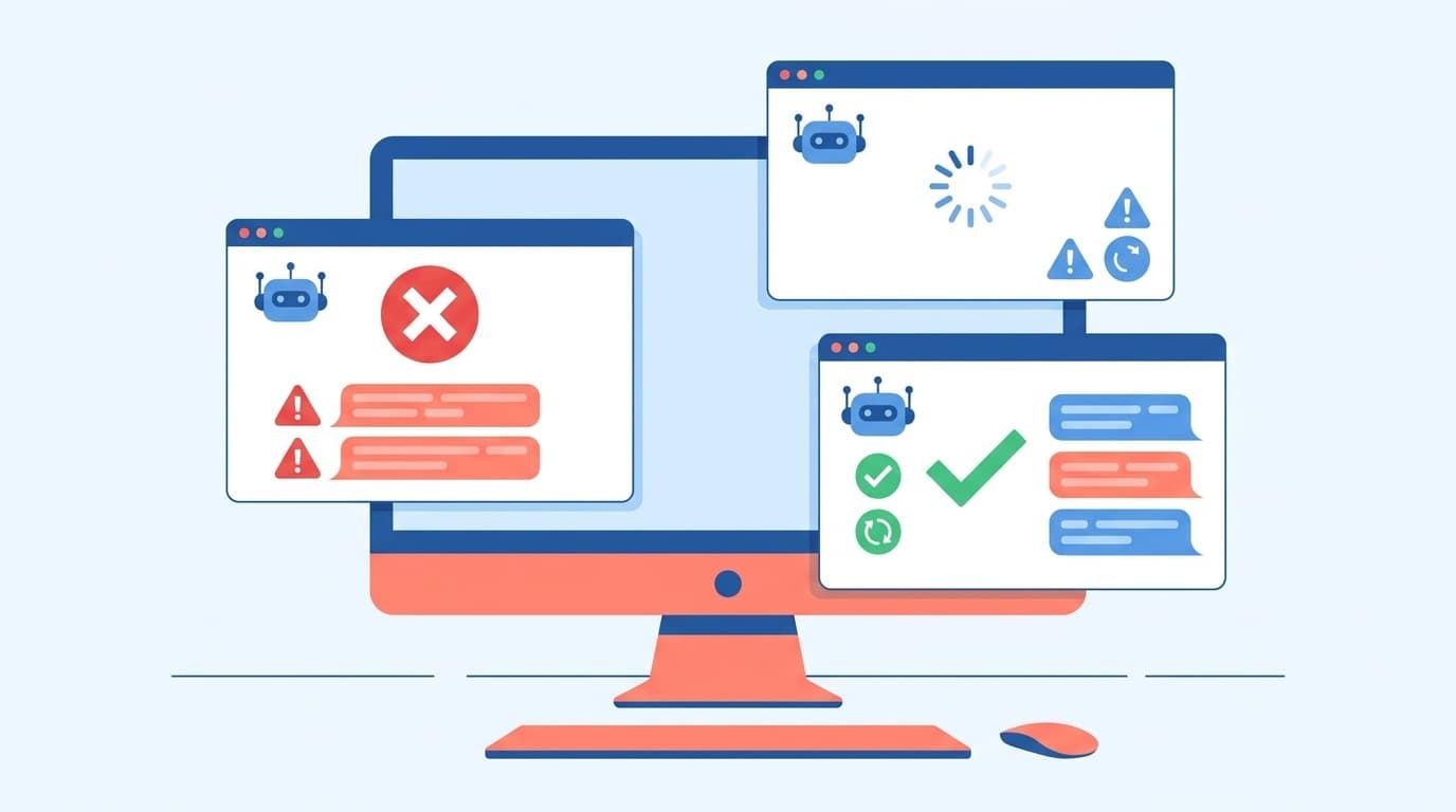 AIチャットのエラー画面と復旧を示すイラスト