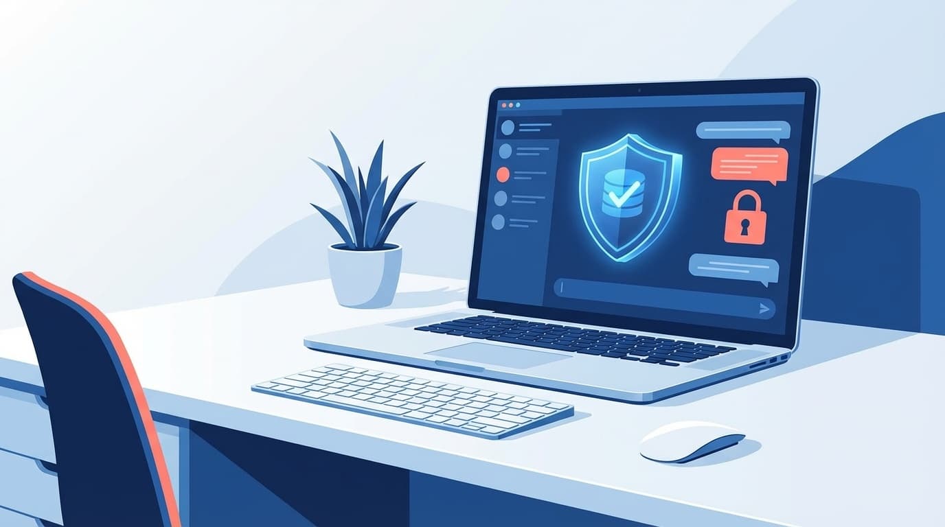 会社のパソコンで生成AIを使う際の情報漏洩リスクとデータ保護のイメージ