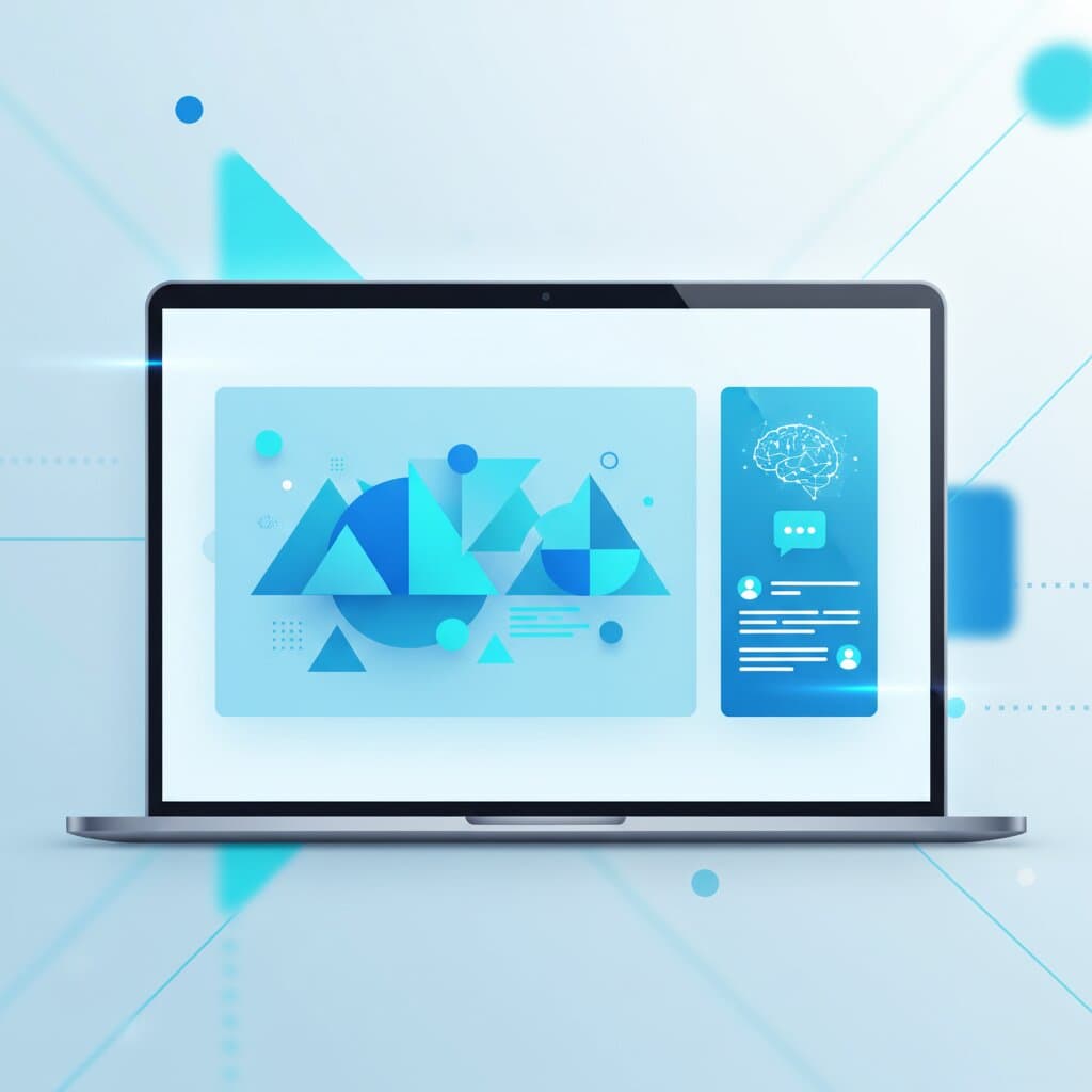 PowerPointのスライドをAIアシスタントが作成しているイメージイラスト