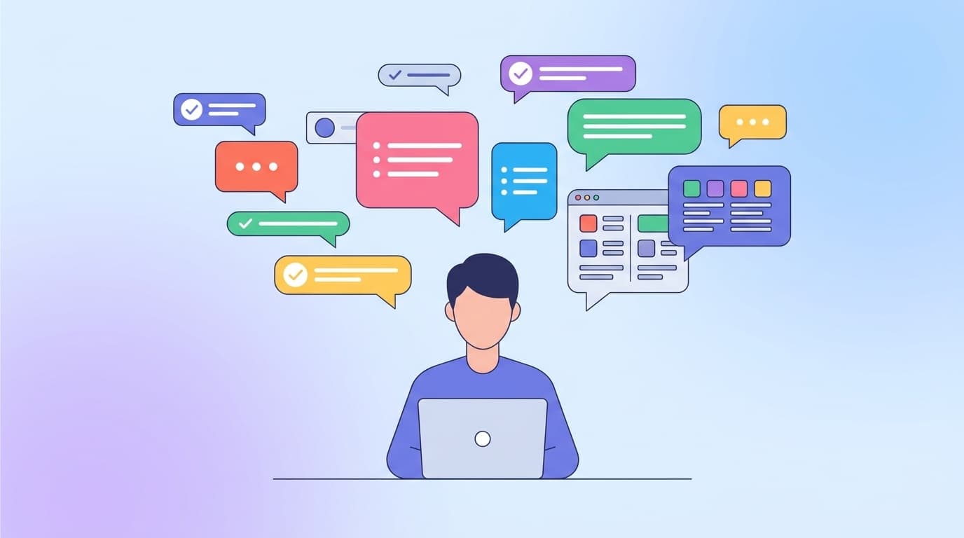 AIチャットに指示を出している人のイラスト。ノートパソコンの上にチャットの吹き出しやチェックマークが浮かんでいる