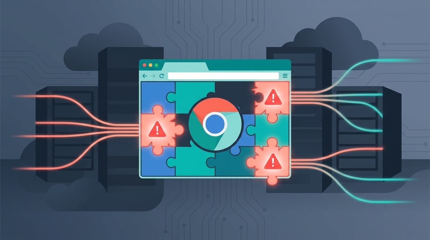 Chrome拡張機能のデータ送信リスクを表す概念イラスト