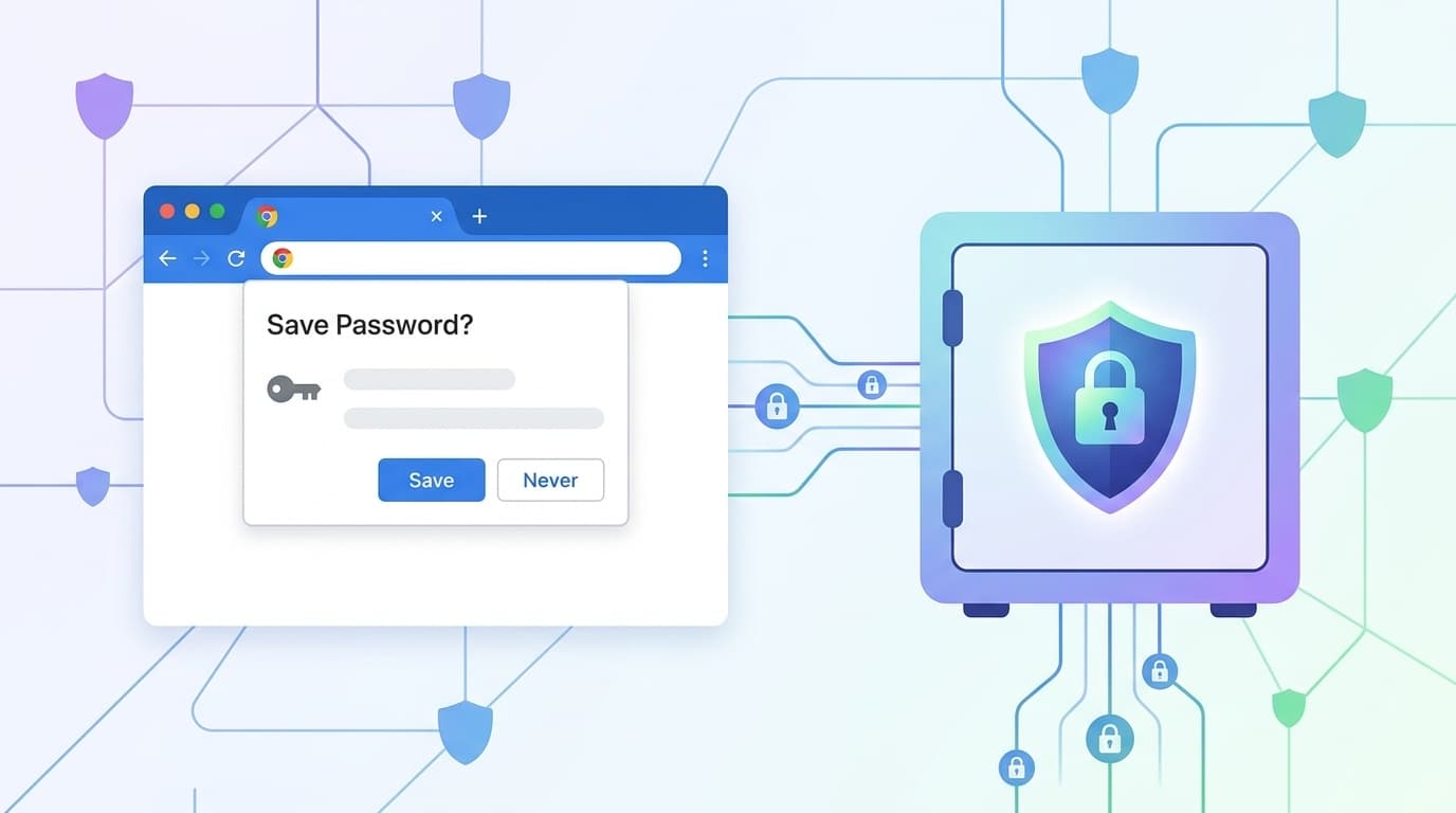 Chromeのパスワード保存ダイアログと専用パスワードマネージャーの金庫を比較するイラスト