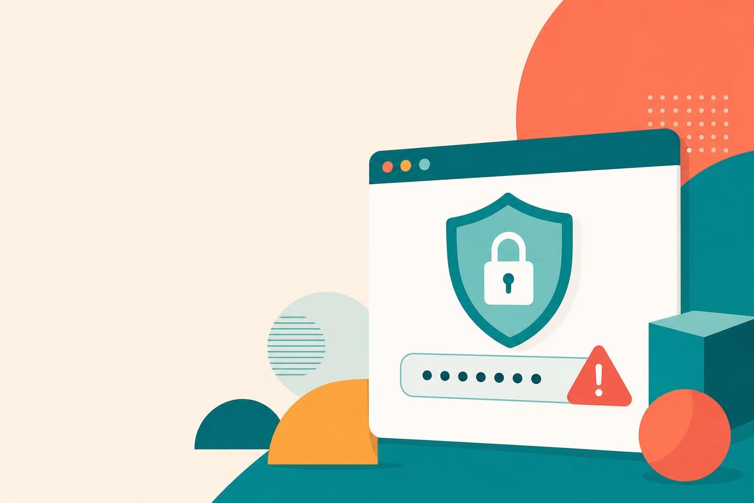 ブラウザのパスワード漏洩警告を示すセキュリティシールドと赤い警告アイコンのイラスト