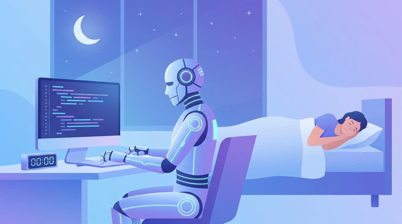 AIロボットが深夜にコードを自動実行している様子のイラスト