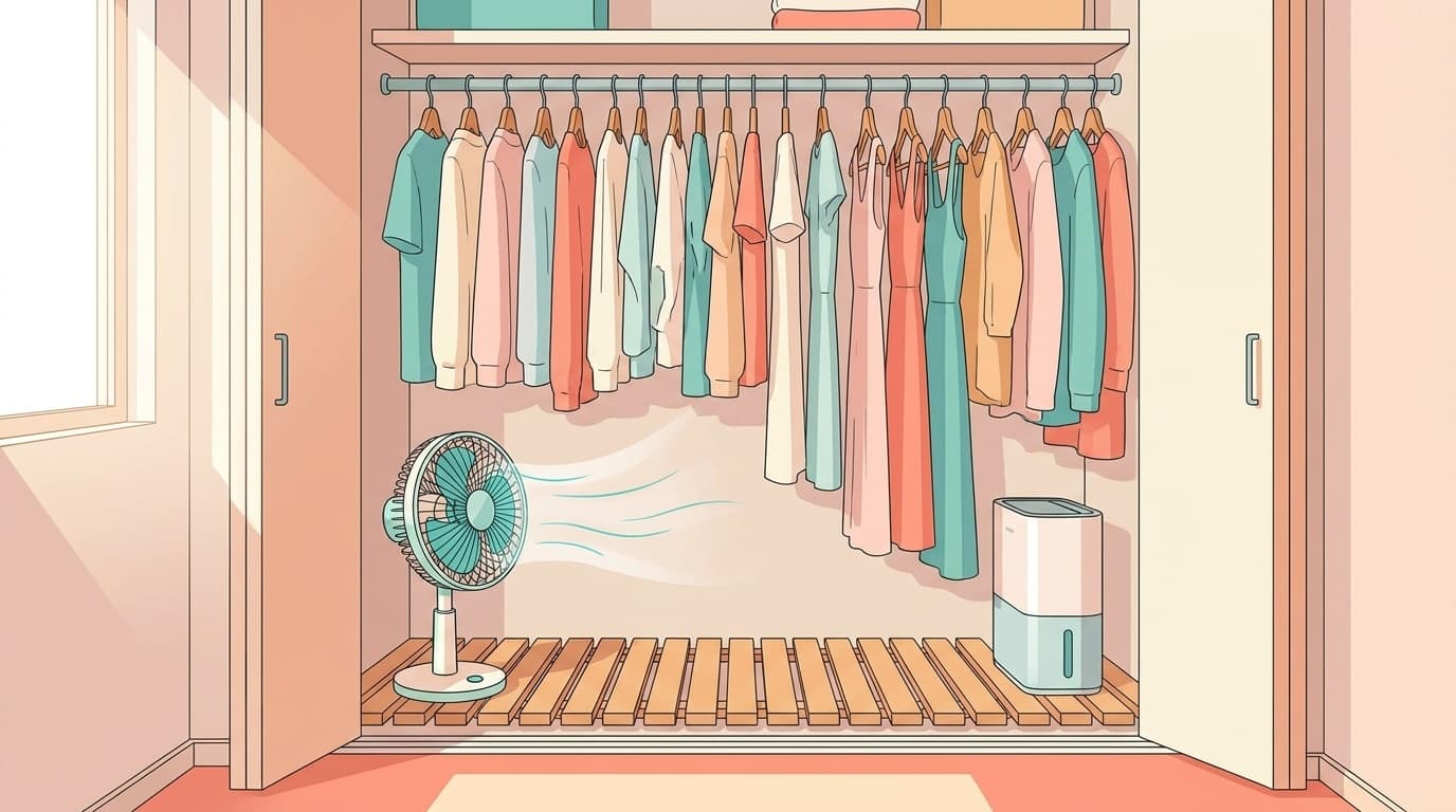 クローゼットの湿気対策——換気・すのこ・除湿剤の合わせ技のイメージイラスト