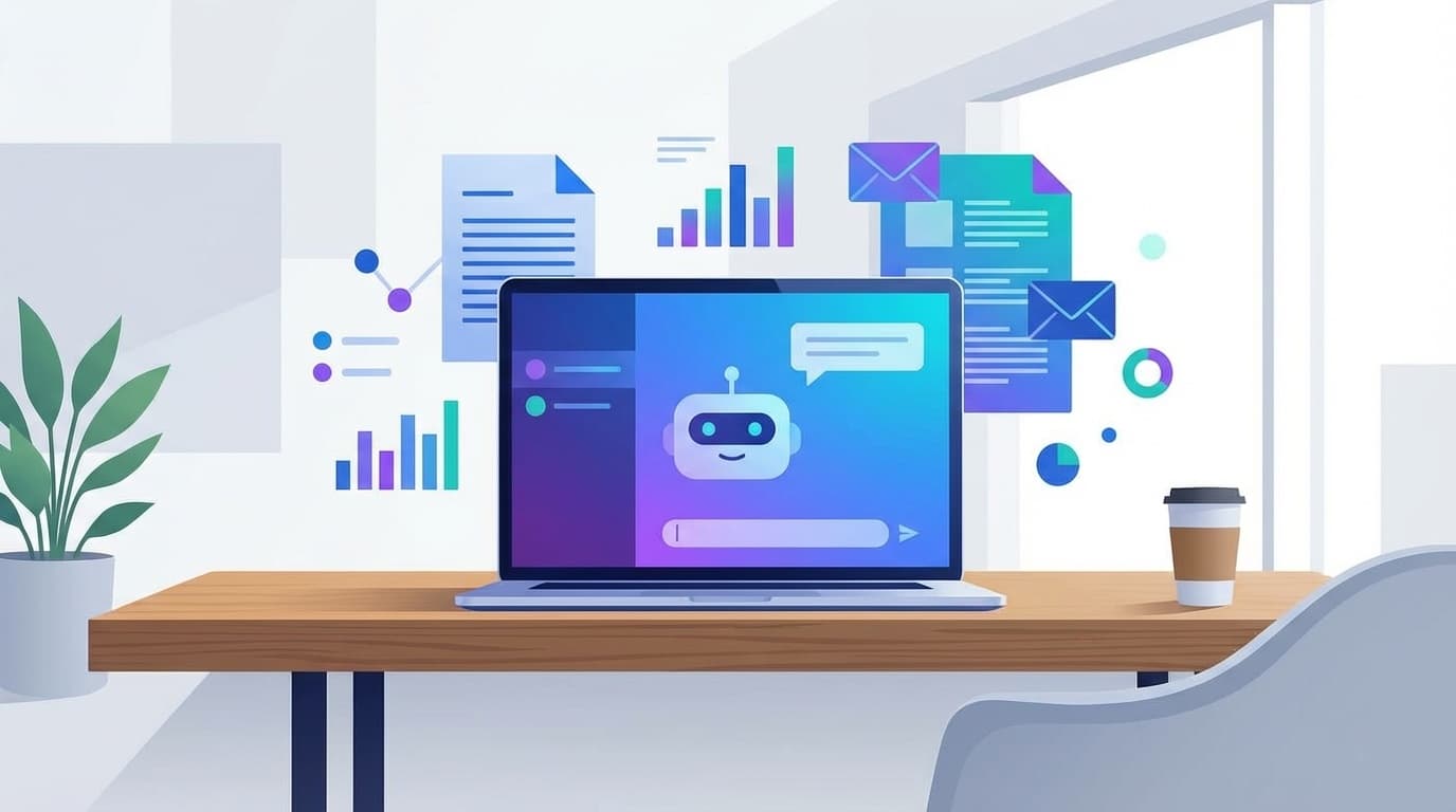 会社のPCでAIアシスタントを活用するイメージイラスト