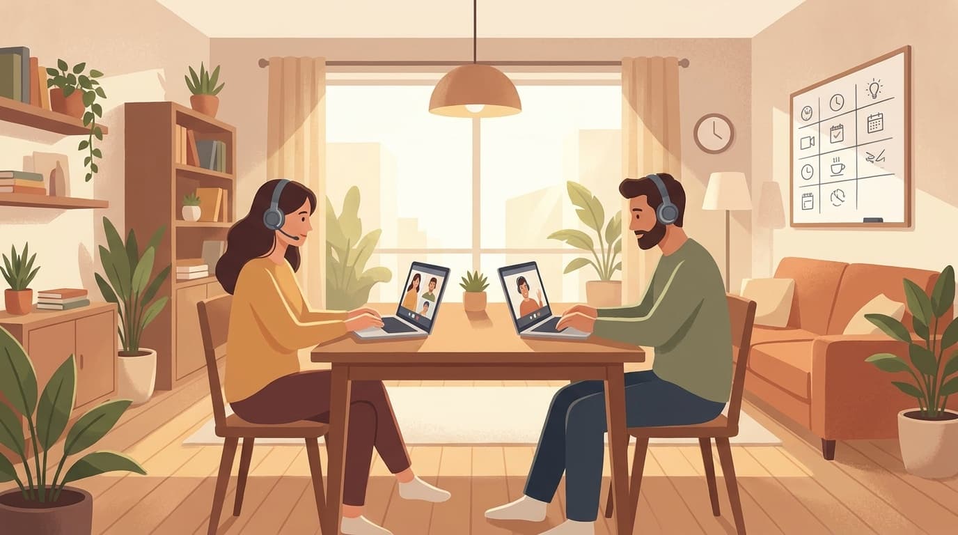 夫婦がリビングでヘッドセットをつけてWeb会議をしている様子のイラスト