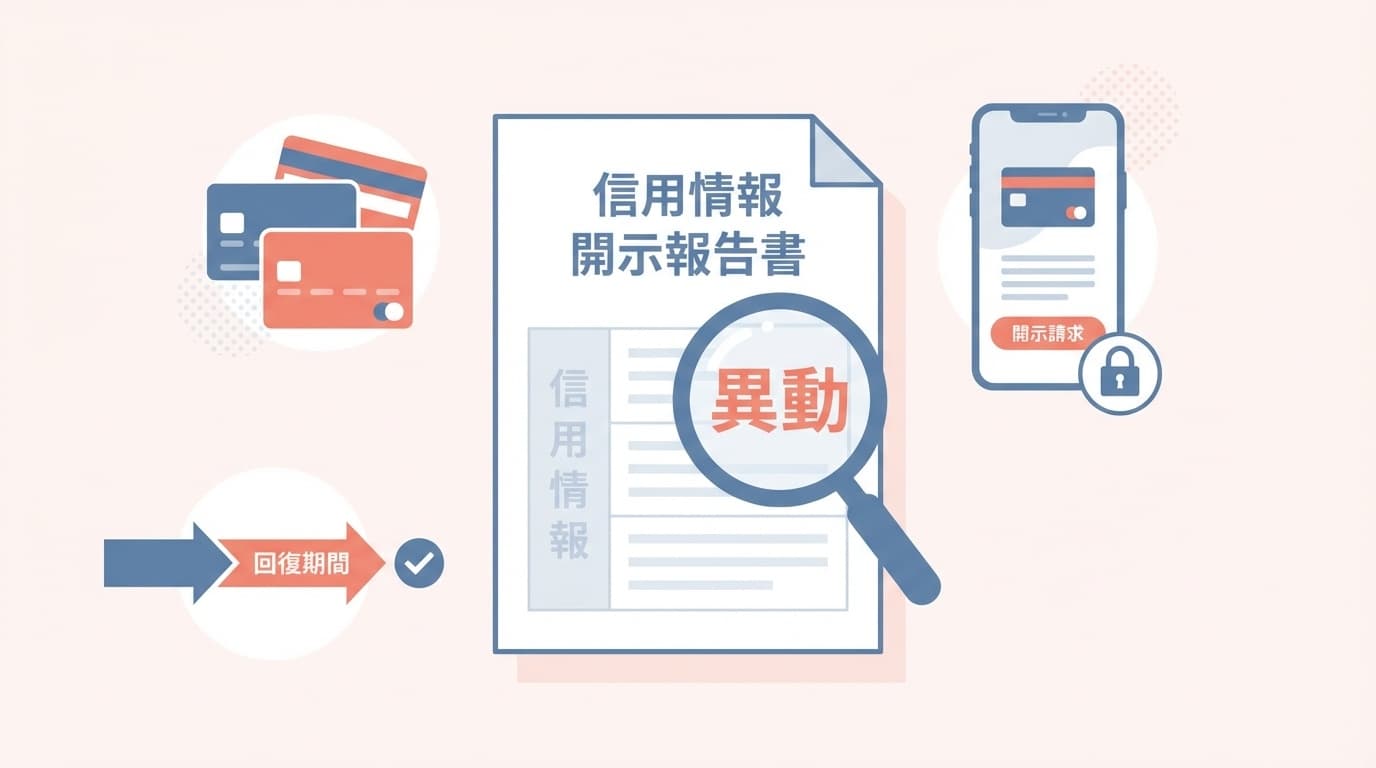 信用情報の開示報告書と異動マークを虫眼鏡で確認するイメージイラスト