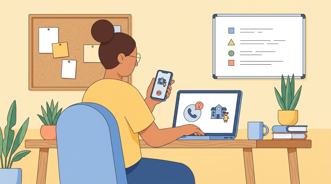 在宅勤務中に保育園からのお迎えコールを受ける親のイラスト。デスクにノートPC、横にホワイトボードのチェックリスト