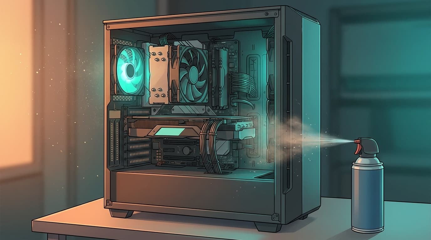 デスクトップPCのサイドパネルを開けてファンとヒートシンクを清掃する様子のイラスト