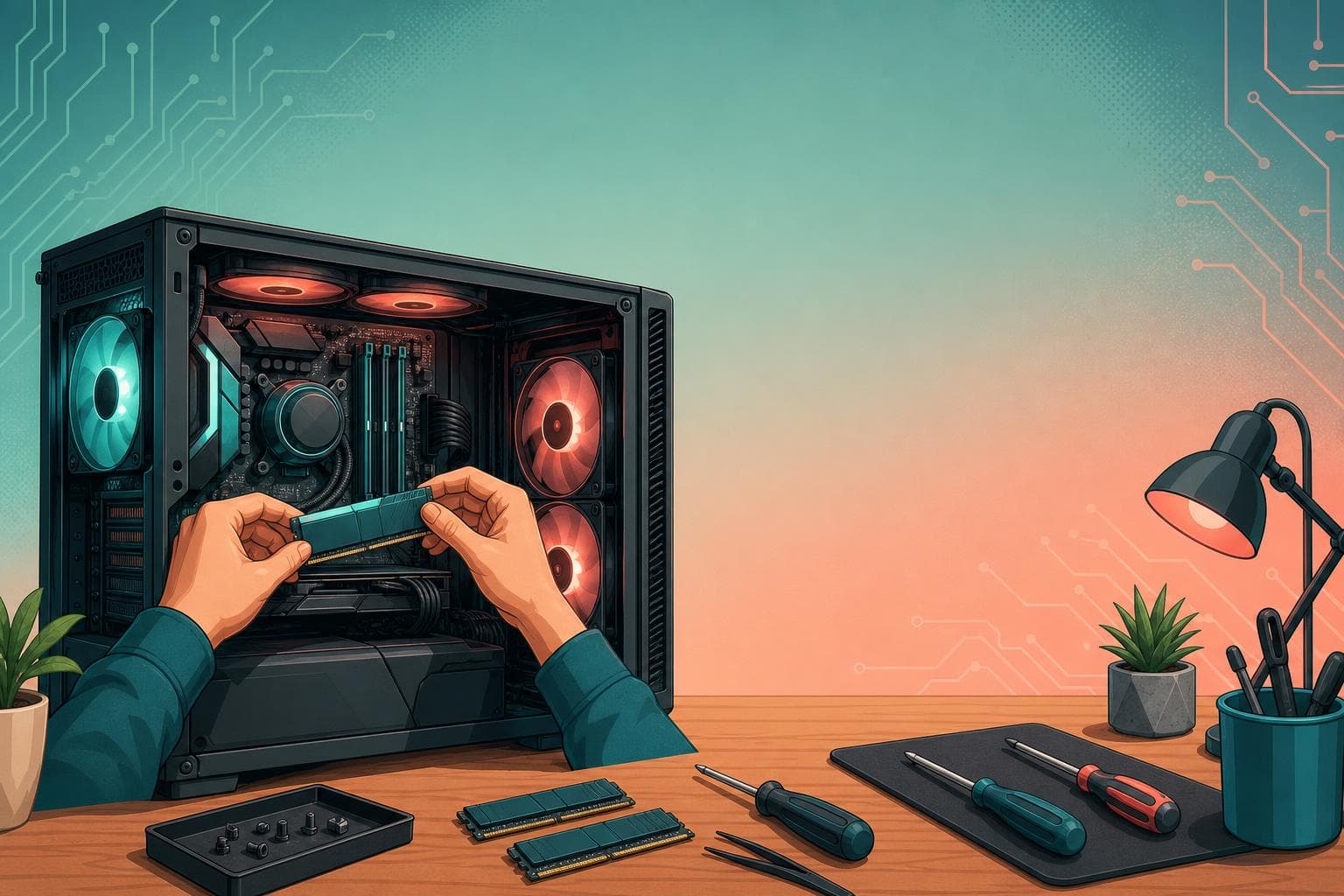 デスクトップPCのメモリ増設作業のイメージ。マザーボードのDIMMスロットにRAMモジュールを取り付けている様子