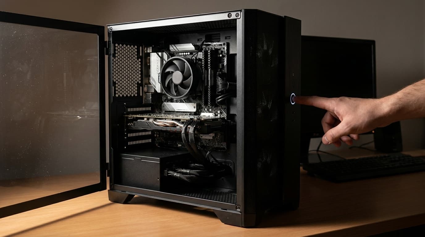 デスクトップPCの電源ボタンを押しても反応がない状態のイメージ。サイドパネルが開かれたPCケースと内部のマザーボード・電源ユニットが見えている