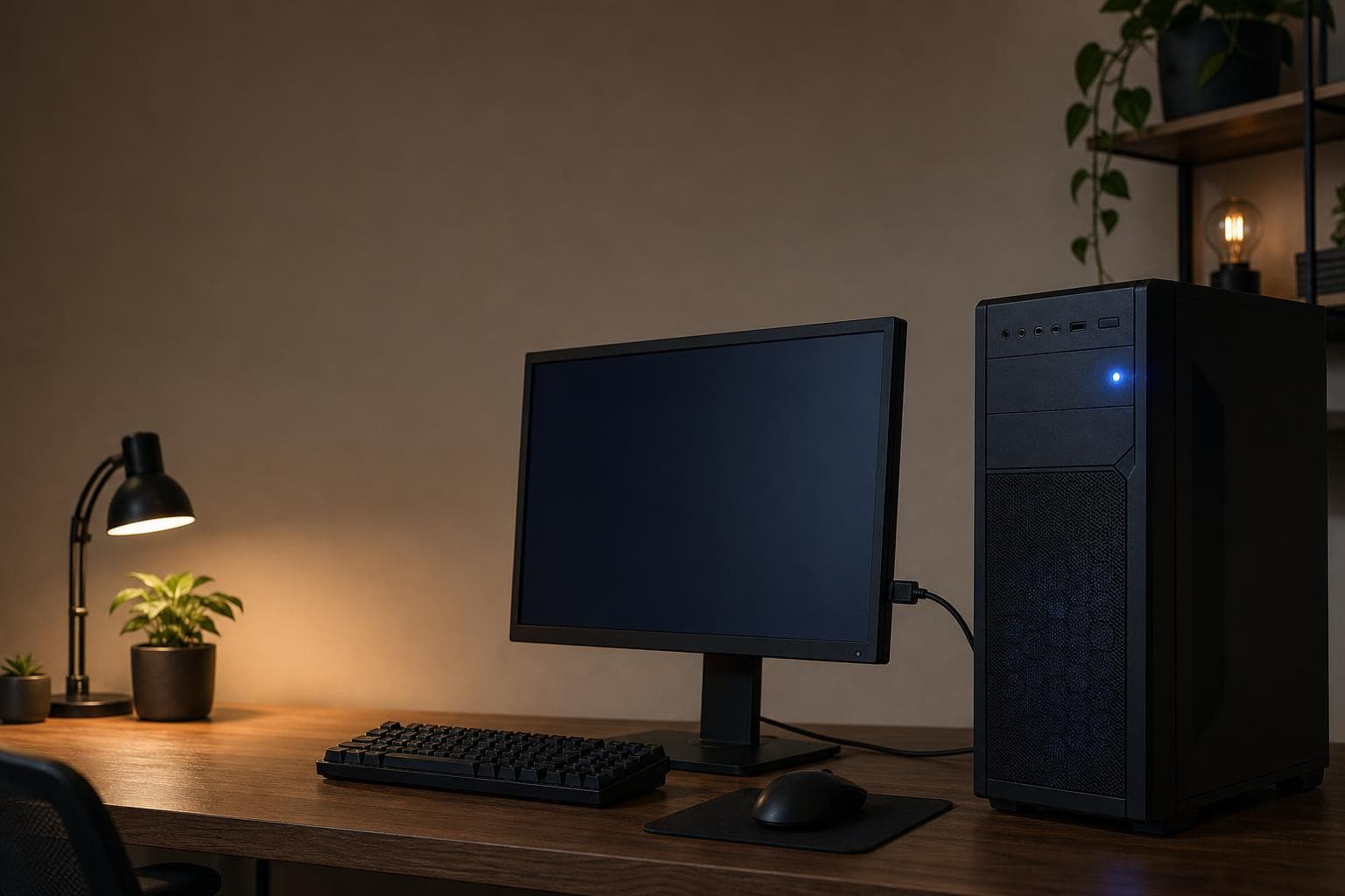 デスクトップPCの電源が入っているのにモニターに信号なしと表示されている様子