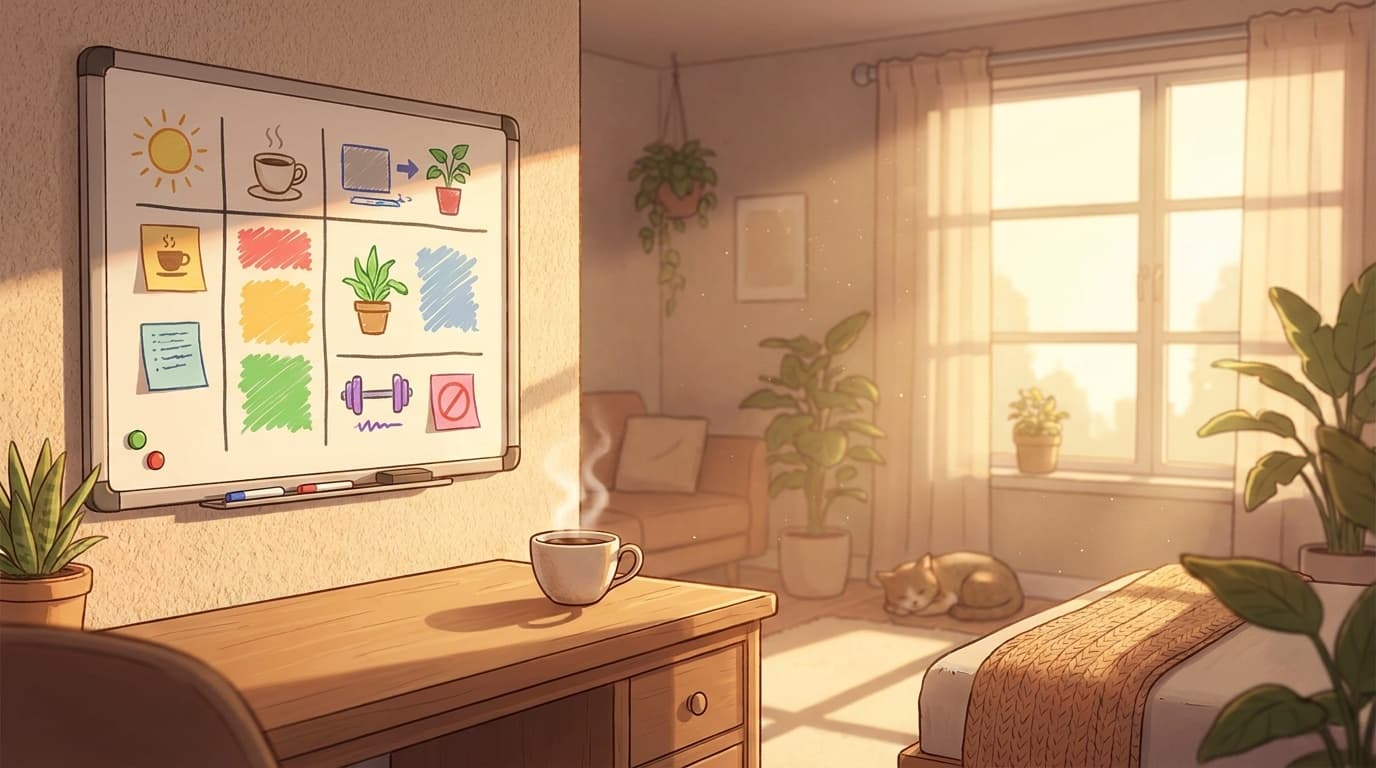 朝のリビングにホワイトボードとコーヒーカップが並ぶ副業タイムのイメージ