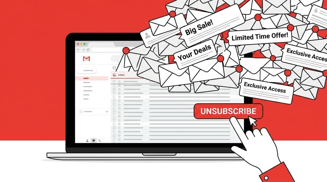 メール配信停止ボタンをクリックする手とGmailの受信トレイのイラスト