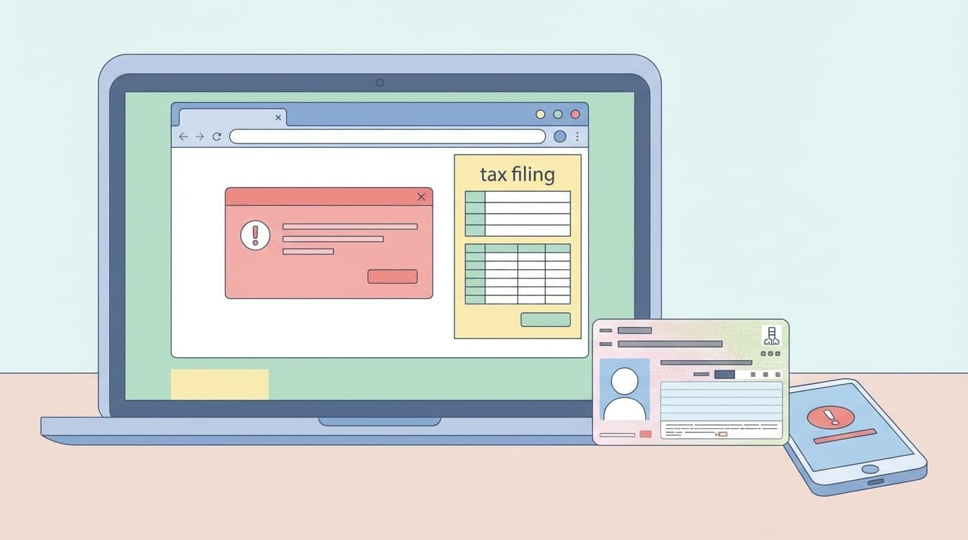 e-Taxの送信エラーが表示されたパソコン画面とマイナンバーカード、スマートフォンのイラスト