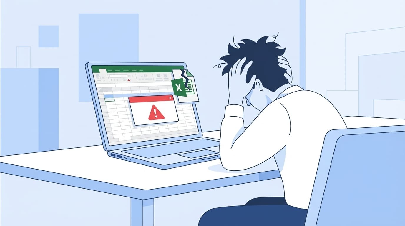 Excelファイルが破損してエラーが表示されたパソコン画面のイラスト