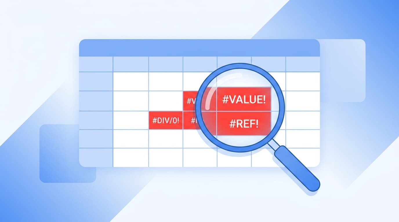 Excelの数式エラー(#DIV/0!、#VALUE!、#REF!など)を虫眼鏡で調べているイラスト