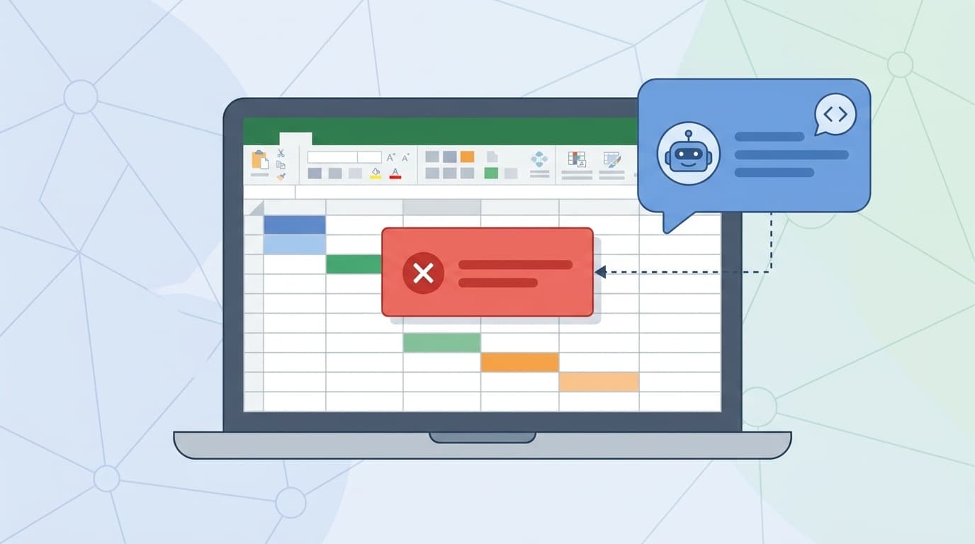 ExcelスプレッドシートのエラーダイアログとAIチャットボットが修正を提案するイラスト