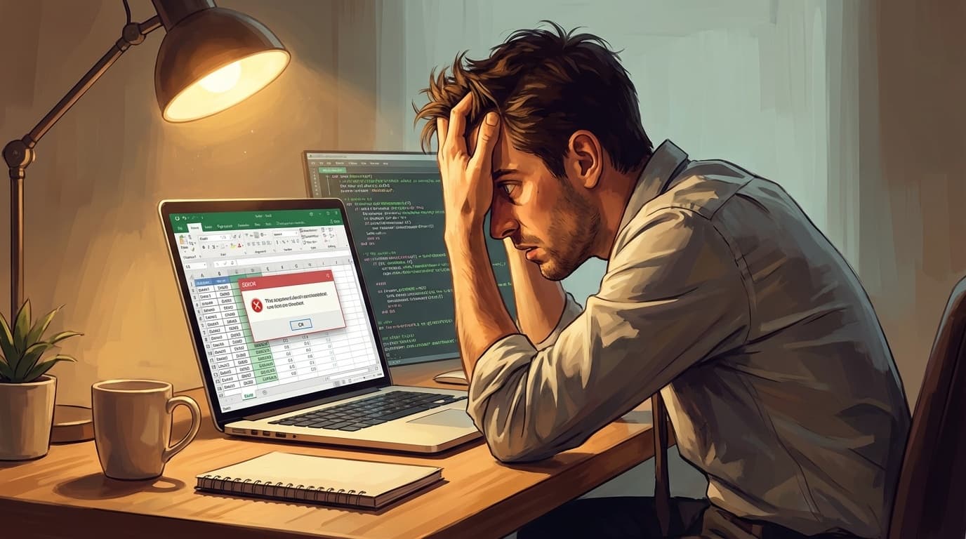 Excelのマクロエラー画面を見つめるオフィスワーカーのイラスト