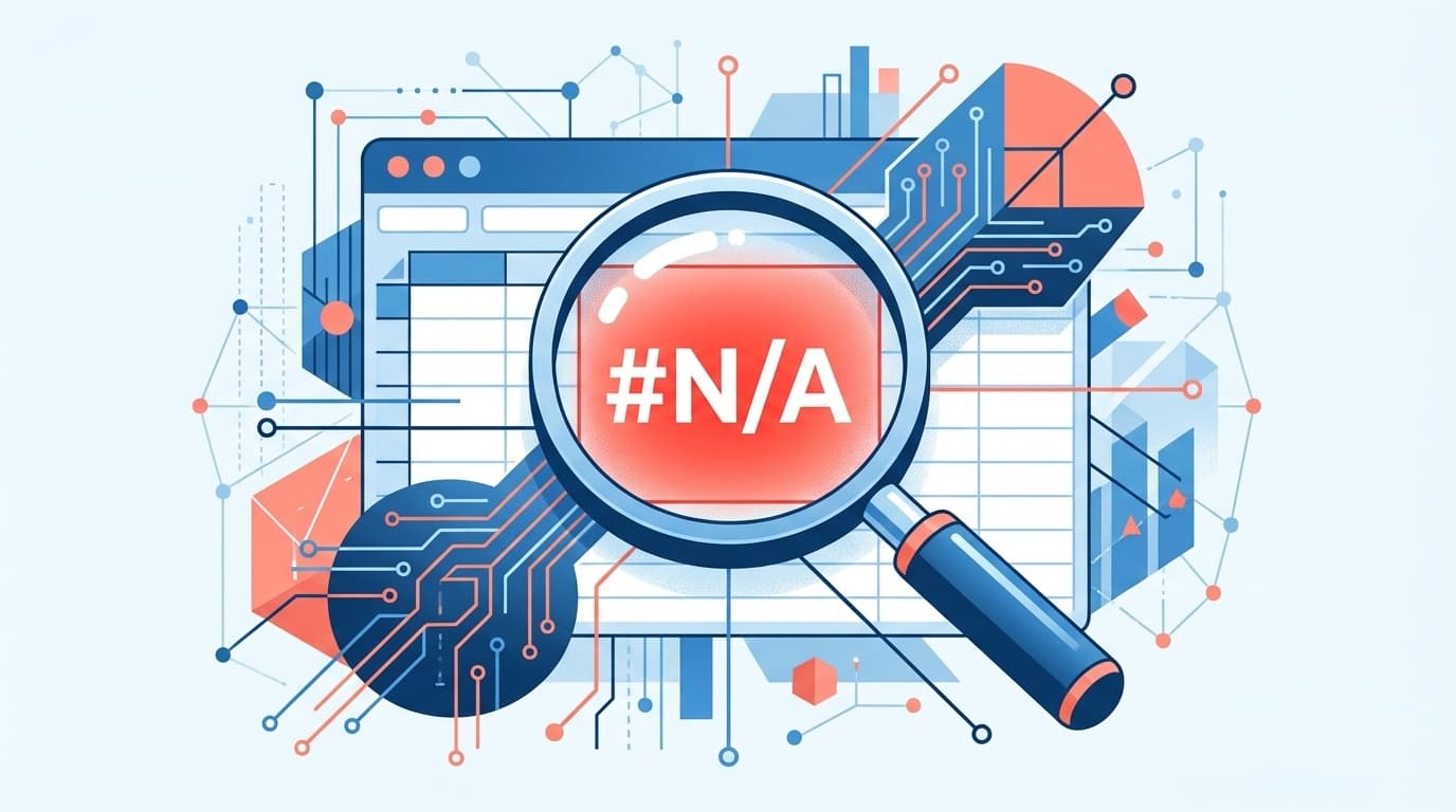 ExcelのVLOOKUP関数で#N/Aエラーが表示されたスプレッドシートとトラブルシューティングのイメージ