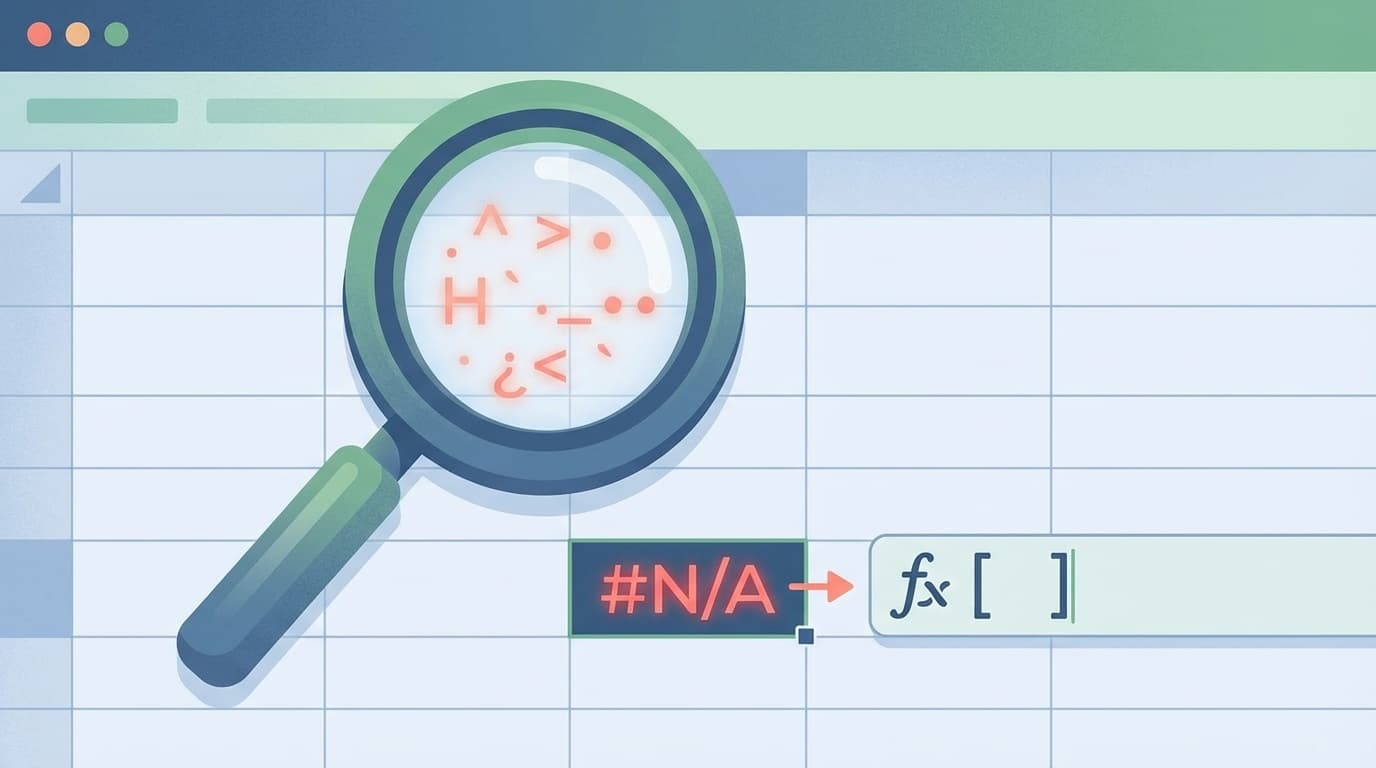 ExcelのVLOOKUPで一致しない原因を虫眼鏡で見つけるイラスト