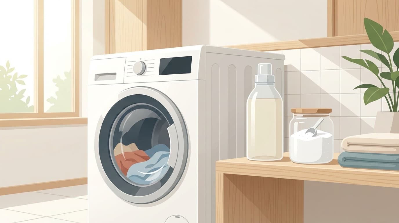 柔軟剤をやめて無香料に切り替えるイメージ — 洗濯機と無香料洗剤のイラスト