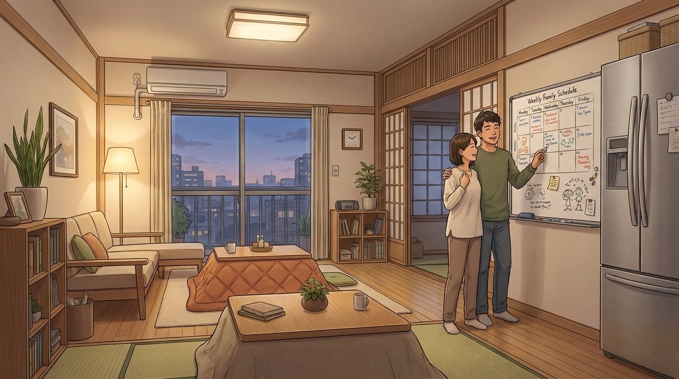共働き夫婦がリビングのホワイトボードで家族会議をしている様子