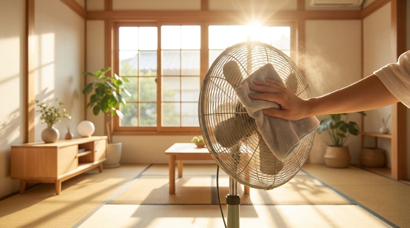扇風機の羽根をやわらかい布で掃除している様子