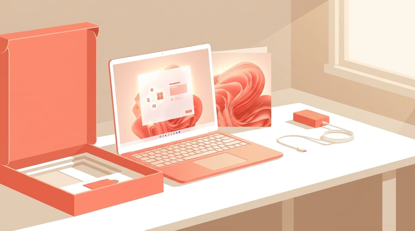 新しいノートパソコンを開封してWindows 11の初期セットアップ画面が表示されているイラスト