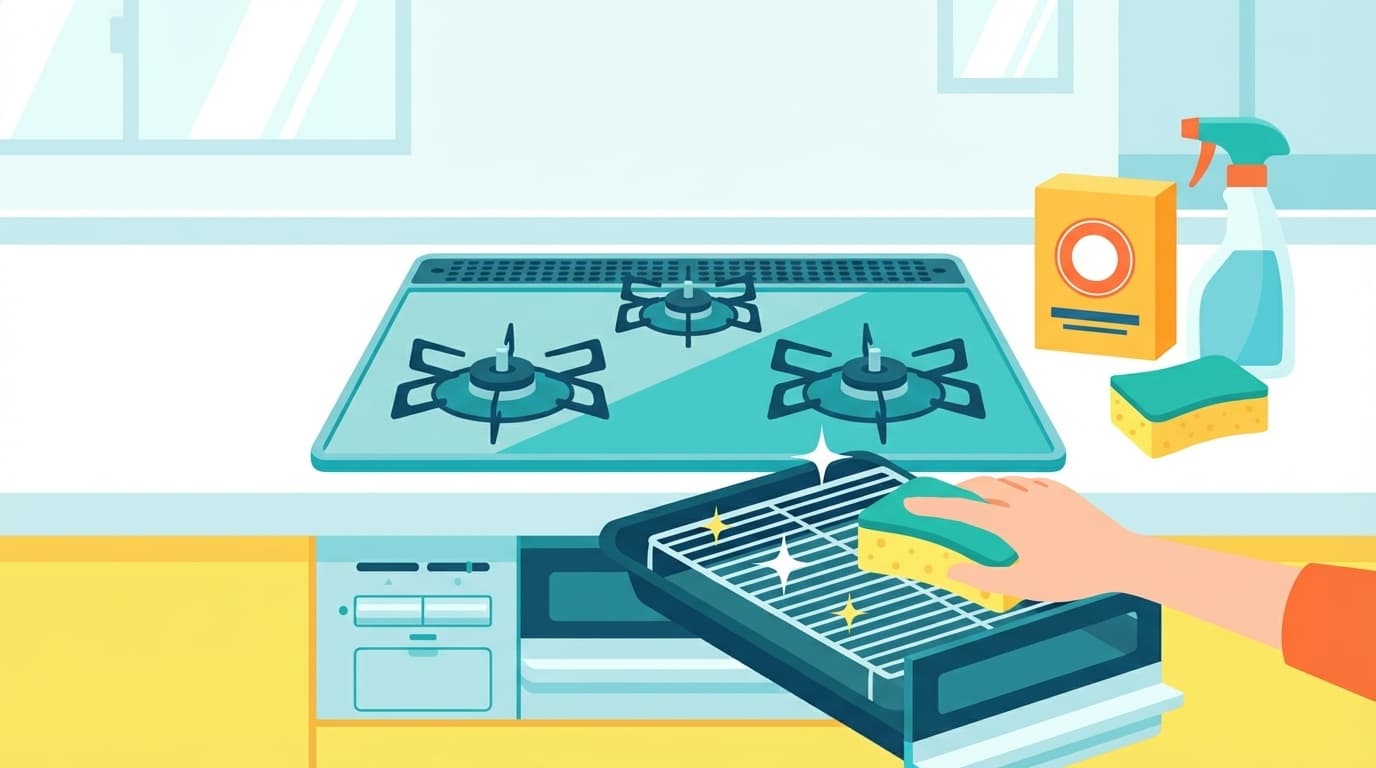 魚焼きグリルの掃除道具(重曹・スプレーボトル・スポンジ)とキレイになったグリル網のイラスト