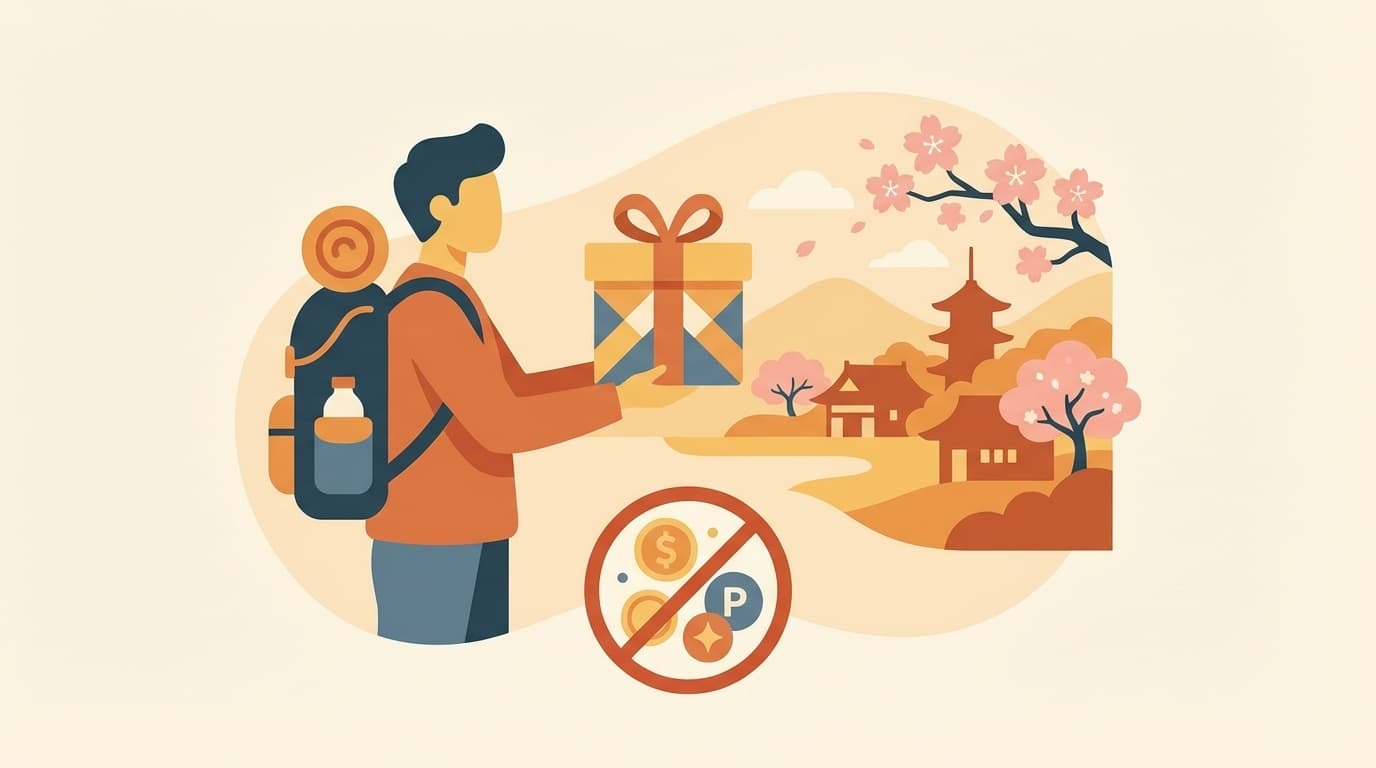 ふるさと納税のポイント付与禁止を表すイラスト:返礼品の贈り物と禁止マークのついたポイントコイン