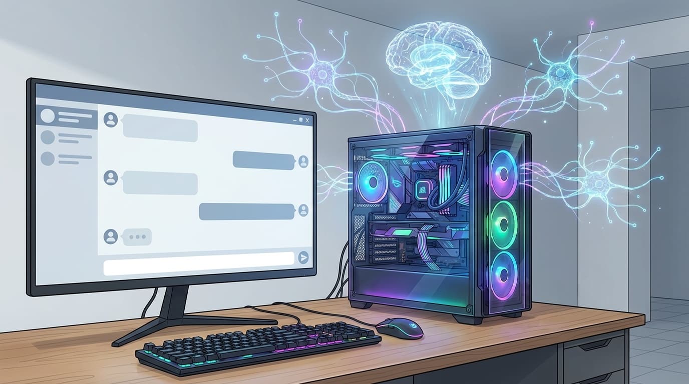 ゲーミングPCからAIのニューラルネットワークが浮かび上がるイメージイラスト