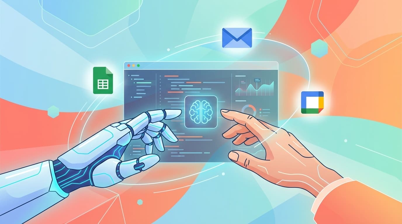 AIがコードを自動生成するイメージイラスト:ロボットの手と人間の手がコードエディタを囲む