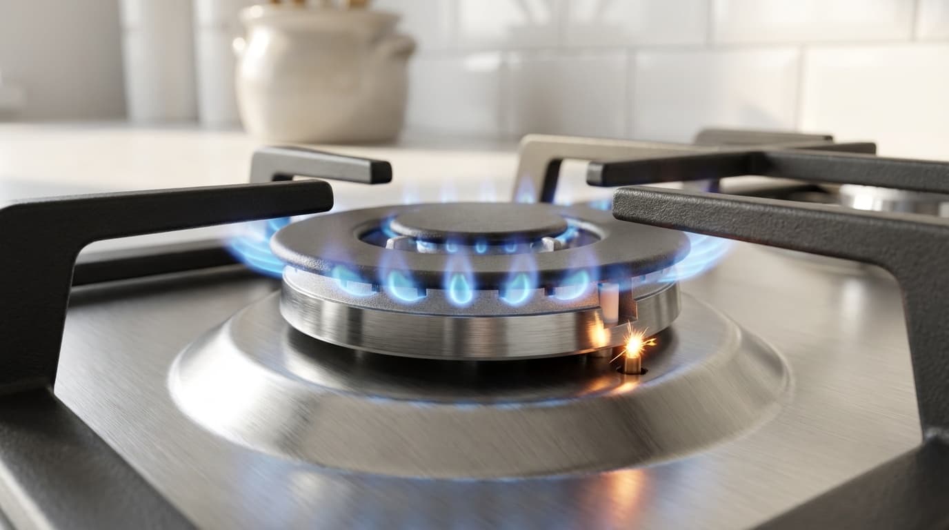 ガスコンロのバーナーに青い炎がついている様子のクローズアップ