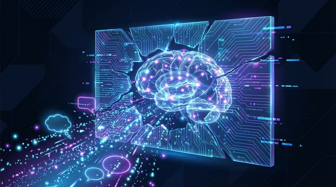 AIの思考プロセスがデジタルバリアから漏れ出す様子を表した抽象的なイラスト