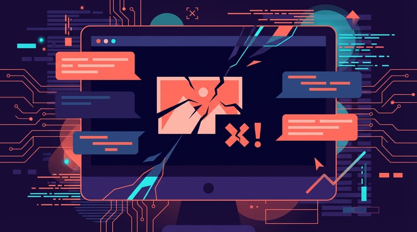 Geminiで画像生成できないトラブルのイメージ:チャット画面にテキストだけが表示され、画像アイコンがエラーになっている様子